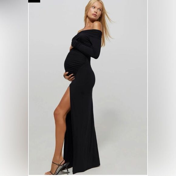 Bumpsuit Off The Shoulder Evening Gown Maternity Black Stretch High Slit Sz S - Picture 1 of 15
